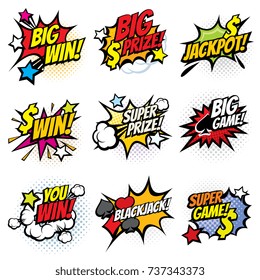 Vintage pop art comic bubbles with gambling winning words vector set. Win prize and jackpot in game illustration