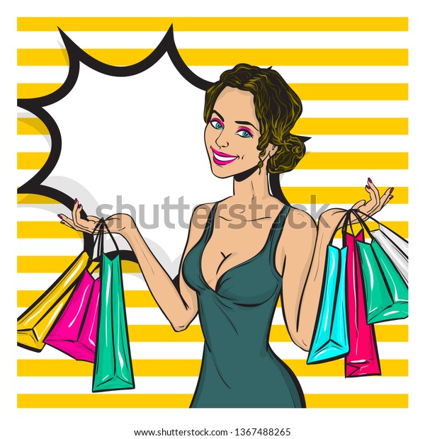 Vintage Pop Art Girl Shopping Halftone Stock Vector Royalty Free