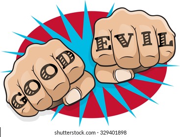 Vintage Pop Art Good Evil Punching Fists. Great illustration of pop Art comic book style clenched hands punching directly at you with the classic tattoo message.