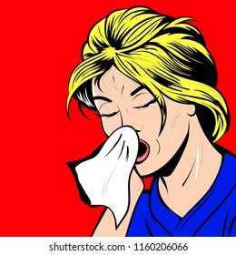 Vintage Pop Art Illustration Young sick woman having flu cold or allergy symptom and sneezing in tissue