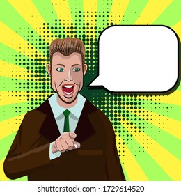 Vintage Pop Art Man with Pointing Hand and finger and buble for text
