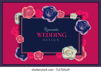 vintage pop art style wedding design with roses wreath and blue board and pink background, for invitation card, poster, banner, sale, restaurant menu.