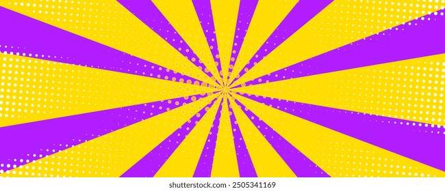 Vintage pop art yellow background. Banner vector illustration. Template for comic style design. Halftone rays. Vector graphics.