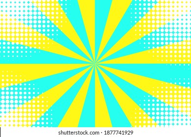 Vintage pop art with yellow blue ray. Vector flat design. Sun texture. Abstract retro texture. Stock image.