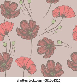 Vintage poppies. Seamless hand drawn pattern for the design of textiles, clothing, curtains, wallpaper, packaging and wrapping paper, covers, tiles and other surfaces