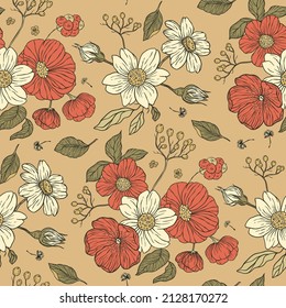 Vintage Poppy And Daisy Flower Seamless Garden Pattern