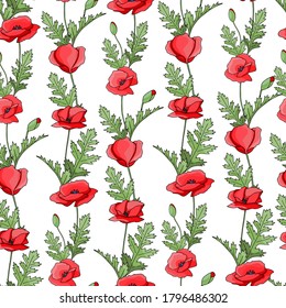 Vintage poppy seamless pattern, great design for any purpose. Doodle style texture. Geometric floral background. Fabric wallpaper with print texture.