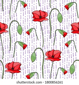 Vintage poppy seamless pattern, great design for any purpose. Doodle style texture. Geometric floral background. Fabric wallpaper with print texture.