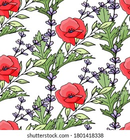 Vintage poppy seamless pattern, great design for any purpose. Doodle style texture. Geometric floral background. Fabric wallpaper with print texture.