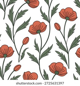 Vintage Mohn nahtlose Fliesenmuster mit antiken roten Farbtönen und gedeckten Grün perfekt für klassische Wohnzimmer Konzept als antike rote Farbtöne und gedeckte Grün schaffen vintage nahtlose Fliesenmuster für klassische Wohnzimmer in Foto Stock Konzept und leeren Raum auf der linken Seite, kein Text —ar 7:2 —tile