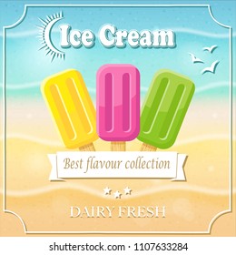 Vintage popsicle poster with a beautiful summer background