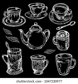 Vintage porcelain teapot and cup ink sketch hand drawn outline line art vector illustration chalk on blackboard