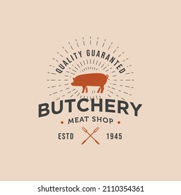 vintage pork butchery meat shop typography logo. silhouette pig with classic line light restaurant emblem logo template vector illustration design