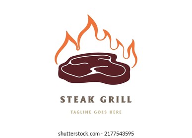 Vintage Pork Ham Meat with Flame for BBQ Grill Logo Design Vector