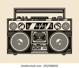 Plantilla portátil de boombox vintage en ilustración vectorial aislada de estilo monocromo