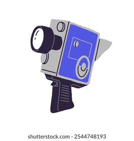 Videocámara portátil Antiguas con asa. Video Icono de la cámara de cinta retro. Equipo de videografía, cámara de video, equipo de cinematografía para filmar películas. Ilustración vectorial aislada plana sobre fondo blanco