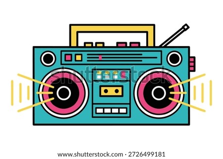 Vintage portable stereo system, turquoise and pink colors, loud music sound waves illustration