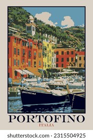 Vintage Portofino Italy mediterranean coast illustration print with slogan for retro poster or graphic tee t shirt print - Vector Design