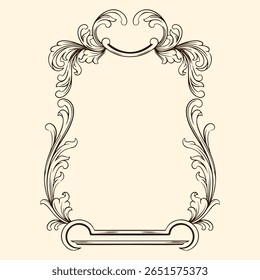 Vintage portrait baroque frame with floral ornament engraving illustration art