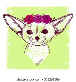 vintage portrait of a fennec fox with flower, hand drawn fashion animal, t-shirt design, vector illustration