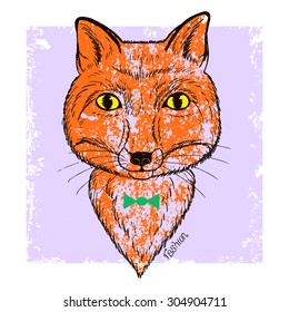 vintage portrait of fox with bow tie, hand drawn fashion animal, t-shirt design, vector illustration