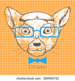 vintage portrait of lemur with glasses and bow tie, hand drawn fashion animal, t-shirt design, vector illustration