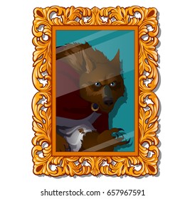 Vintage portrait with ornate florid frame with a picture of a werewolf isolated on white background. Vector cartoon close-up illustration.