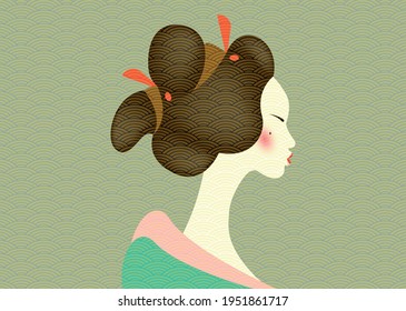 Vintage portrait of the young Japanese woman an ancient hairstyle. Geisha, maiko, princess. Traditional Asian Girl style. Print, poster, t-shirt, card. Vector old Japanese pattern green background