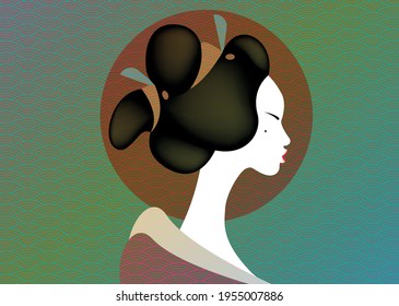 Vintage portrait of the young Japanese woman and ancient hairstyle. Geisha, maiko, princess. Traditional Asian Girl style. Print, poster, t-shirt, card. Vector old Japanese pattern green background