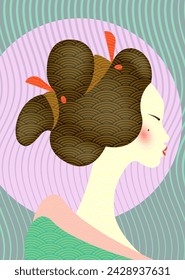 Vintage portrait of the young Japanese woman an ancient hairstyle. Geisha, maiko, princess. Traditional Asian Girl style. Print, poster, t-shirt, card. Vector old Japanese pattern green background