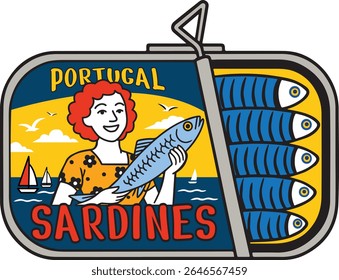 Vintage Portugal Sardine Can Illustration Colorful flat vector illustration of a sardine can with a cheerful woman holding a fish on the label.