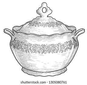 Vintage porvelain tureen, soup bowl illustration, drawing, engraving, ink, line art, vector