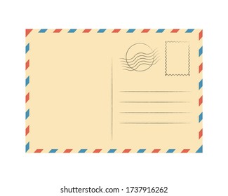 Vintage poscard template, isolated on white background. Retro airmail envelope with stamp. Vector illustration.