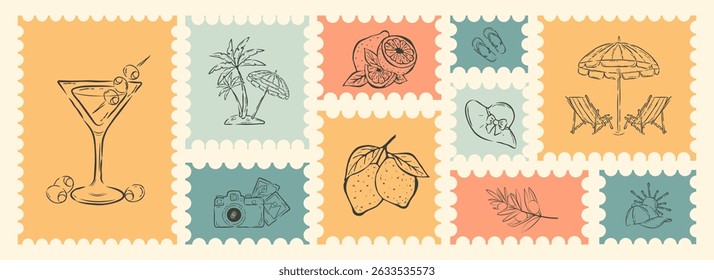 Vintage Post Card Stamp Set with Doodle Hand Drawn Icons. Retro Style Summer Element Scenery Postage Sticker Collection, Travel Destination Mail, Beautiful Tourism Card, Beach Vacation Postage. Vector