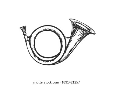 Vintage post horn or hunting horn vector hand drawn illustration object isolated, black and white sketch