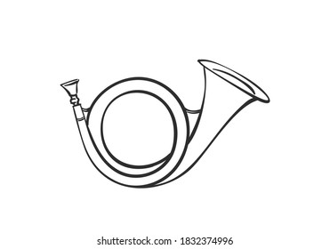 Vintage post horn or hunting horn vector hand drawn illustration object isolated, black and white outline sketch