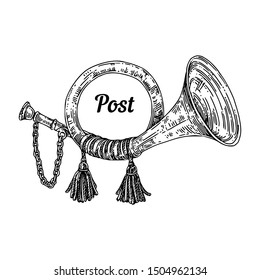 Vintage post horn. Sketch. Engraving style. Vector illustration.