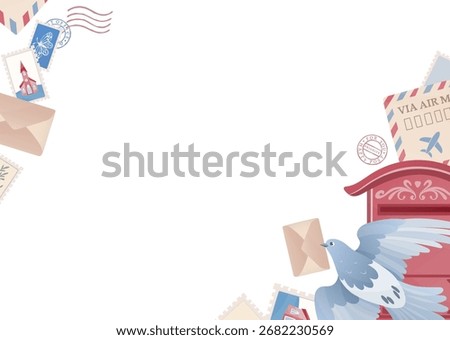Vintage post items template. Letterbox, airmail envelopes, homing pigeon. Horizontal frame composition, old-fashioned stationery, stamps, postmarks. Ideal for greeting cards, mail design projects.