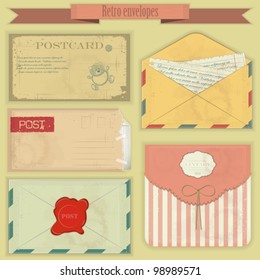 Vintage post set - Retro envelopes and postcards - vector illustration