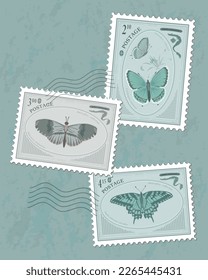 Vintage post stamps set with butterflies.  Vector illustration.