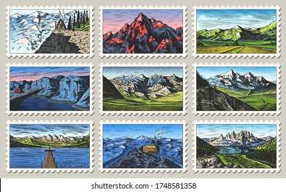 Vintage Post stamps set. Etching mountain landscapes. Retro old Mount Sketch. Monochrome Postcard. Hand drawn engraved retro mark, frames for print banner, poster and logo. 