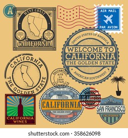 Vintage post stamps set with name of California, United States, vector illustration