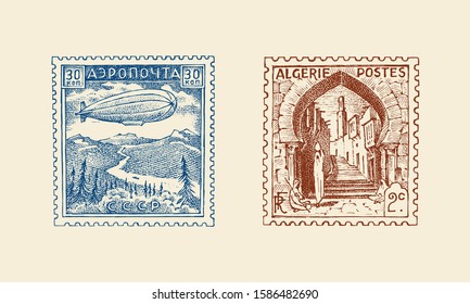 Vintage Postage stamp for album. Ancient landscapes. Retro old Sketch. Monochrome Postcard sticker. Hand drawn engraved retro mark, travel label. Decoration Element for print banner, poster and logo.