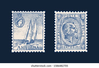 Vintage Postage stamp for album. Seascape with a sailboat. Face of a man with a beard. Retro old Sketch. Monochrome Postcard. Hand drawn engraved retro mark. Decoration Element for print banner.