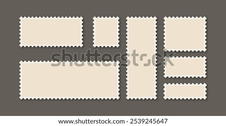 Vintage postage stamp blank template collection. Old letter stamps with perforated edges.