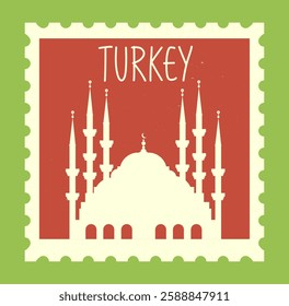 Vintage postage stamp design featuring a silhouette of a mosque with tall minarets, set against a red background with a green border. Concept of travel and tourism. Vector illustration