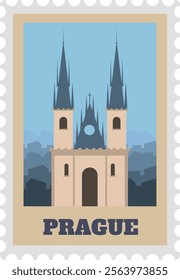 Vintage postage stamp featuring Church of Our Lady before Tyn and cityscape silhouette merging with blue sky, forming evocative Prague souvenir