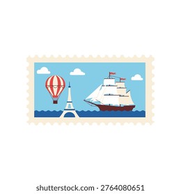 Vintage postage stamp featuring Eiffel Tower, hot air balloon, and ship. Paris travel design. Isolated on white.