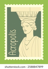 Vintage postage stamp featuring an illustration of a Caryatid from the Acropolis. The design has a muted green background and classic typography. Vector illustration