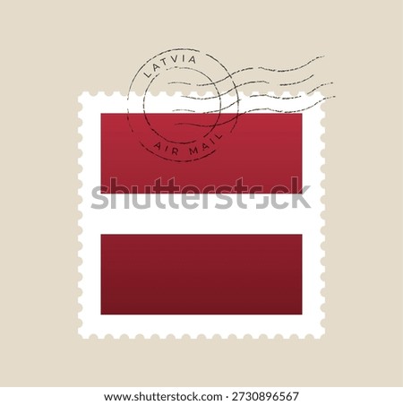 Vintage postage stamp featuring the Latvian flag with a distressed air mail cancellation postmark for travel concepts..